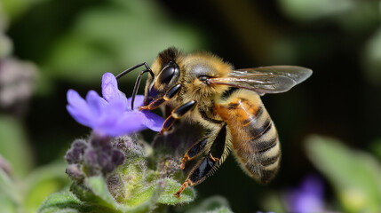 A macro shot of a honeybee collecting nectar from a blooming flower, showcasing the importance of pollination.