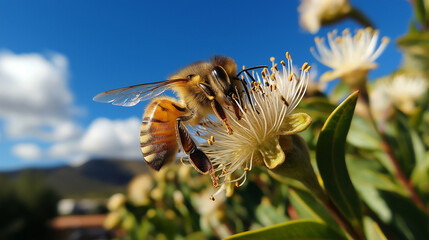 A macro shot of a honeybee collecting nectar from a blooming flower, showcasing the importance of pollination.