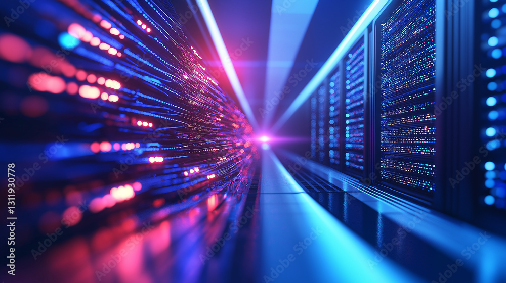 Wall mural a conceptual image of a modern data center with rows of servers and glowing fiber optic cables.