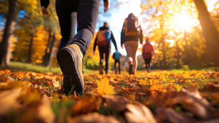 A group of friends enjoying a hike through a vibrant autumn forest, with colorful leaves on the ground.