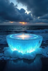 AI Generated Futuristic Luminous Object by Ocean Waves for Social Media Ads, Product Display, and Digital Marketing
