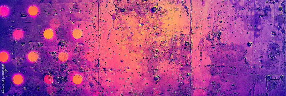 Poster A striking display of colors blends purple and orange tones, enhanced by textured surfaces and glowing dots that create an intriguing visual effect
