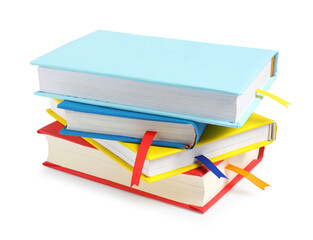 Books with ribbon bookmarks isolated on white