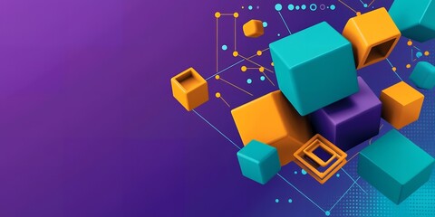 Abstract 3D Cubes Background Vibrant Orange Teal Purple Geometric Shapes Connected by Lines