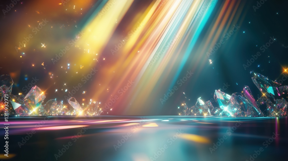 Poster Futuristic abstract holographic background with colorful light rays reflecting on crystal structures, creating a glowing spectrum effect on a dark floor. Vibrant neon lights and prismatic refractions 