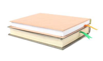 Books with ribbon bookmarks isolated on white