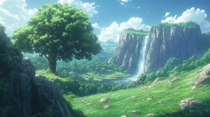 Beautiful landscape with waterfall and green meadow, 3d render