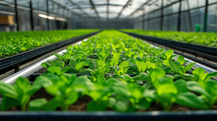 A high-tech greenhouse with rows of plants growing under controlled conditions, showcasing sustainable farming.