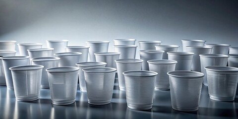A Collection of Empty White Disposable Cups Arranged in a Casual Pattern on a Reflective Surface