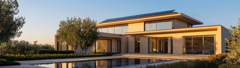 Modern house with sleek design, large windows, and beautiful landscaping at sunset.