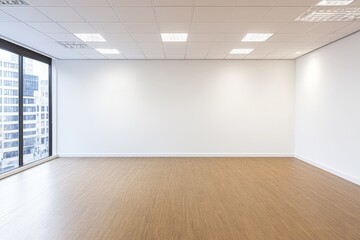 Fototapeta premium A spacious, empty office room featuring large windows, wooden flooring, and white walls, ready for customization or decoration.