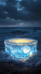 AI Generated Futuristic Luminous Object by Ocean Waves for Social Media Ads, Product Display, and Digital Marketing
