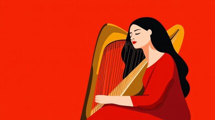 Elegant Woman Playing Harp in Vibrant Red Background Illustration