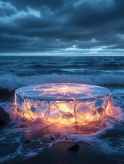 AI Generated Futuristic Luminous Object by Ocean Waves for Social Media Ads, Product Display, and Digital Marketing
