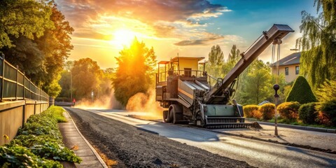 Asphalt Paving Machine at Sunset, Dust and Golden Light Illuminating Newly Laid Road Surface During Road Construction Project