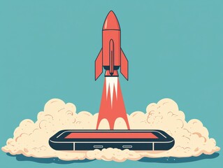 Obraz premium A retro rocket launching from a smartphone, symbolizing innovation and progress.