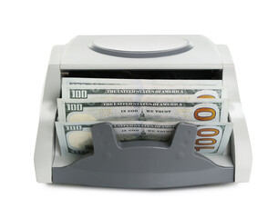 Money counter machine with dollar banknotes isolated on white