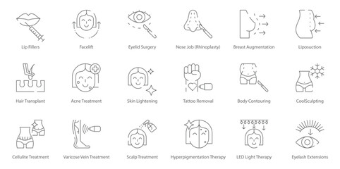 Lip Fillers, Facelift, Eyelid Surgery, Rhinoplasty, Breast Augmentation, Liposuction, Hair Transplant, Acne Treatment, and CoolSculpting Vector Icon Set