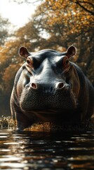 Fototapeta premium Hippo emerging from the water in a serene environment during golden hour at a riverbank