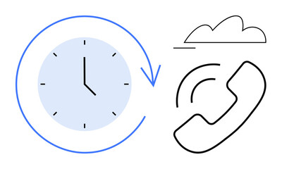 Clock with arrow symbolizing time management, cloud for digital storage, and phone icon for communication. Ideal for business workflow, time efficiency, productivity, cloud technology, scheduling