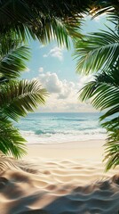 Fototapeta premium Tropical bliss a serene beach framed by lush palm fronds