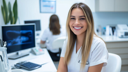A dental office receptionist assisting a patient at the front desk with appointment scheduling in a professional setting.
