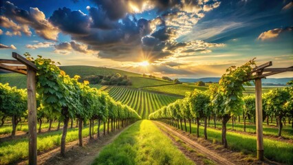 Naklejka premium Serene Sunset over Verdant Vineyard Rows, Illuminating Lush Foliage and Rolling Hills