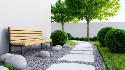 Tranquil Garden Pathway with Wooden Bench and Lush Greenery
