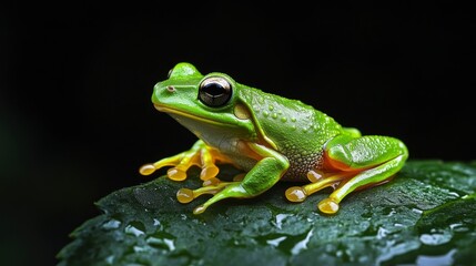 Obraz premium Bright green tree frog on wet leaf nature photography rainforest environment close-up view amphibian concept