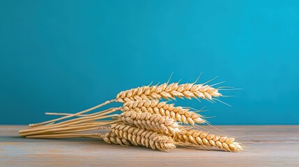 Wheat stalks on rustic wooden table against teal background.