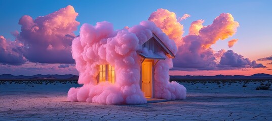 Dreamy cotton candy house against a surreal sunset sky