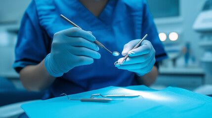 A detailed view of a dental hygienist&acirc;s hands as they work with dental instruments during a cleaning procedure.