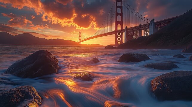 Majestic view of Golden Gate Bridge during vibrant sunset with dramatic clouds and flowing water in foreground, depicting natural beauty and tranquility