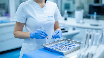 A dental assistant preparing a dental tray with instruments and sterilizing tools before a procedure.