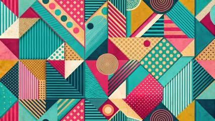 Obraz premium Vibrant Geometric Textile Design Featuring an Array of Bold Colors and Intricate Patterns, Ideal for Fashion, Interior Design, and Artistic Applications