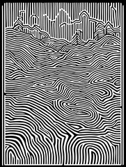 Monochrome line landscape with abstract mountains and wavy fields