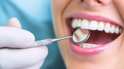 A dentist performing a dental check-up with a mirror and probe, ensuring no cavities are present during a routine examination.