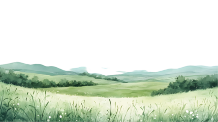 Serene Green Hills Watercolor Landscape Isolated on White