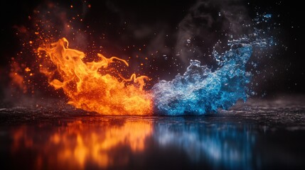 Fiery flames clashing with icy water on a dark surface