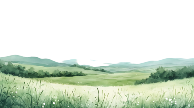 Serene Green Hills Watercolor Landscape Isolated on White