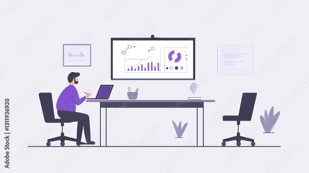Poster man working at a table with charts on a display. business meeting presentation. possible use stock p
