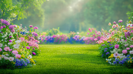 Obraz premium Colorful flower garden in bloom with vibrant blossoms and lush green grass during bright sunny day