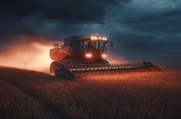 Naklejka premium Harvesting Under the Dusk: A powerful combine harvester navigates a golden wheat field, its lights illuminating the dusky sky. The machine embodies rural industry and agricultural progress.