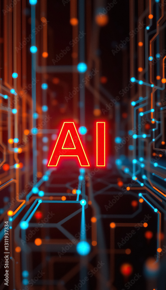 Poster Symbolic representation of AI technology with interconnected nodes and illuminated typography