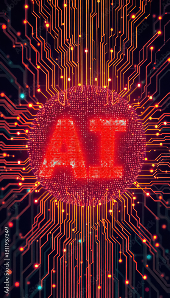 Poster AI Symbol Sphere: Tech Sphere with interconnected circuit lines and AI letters on sphere