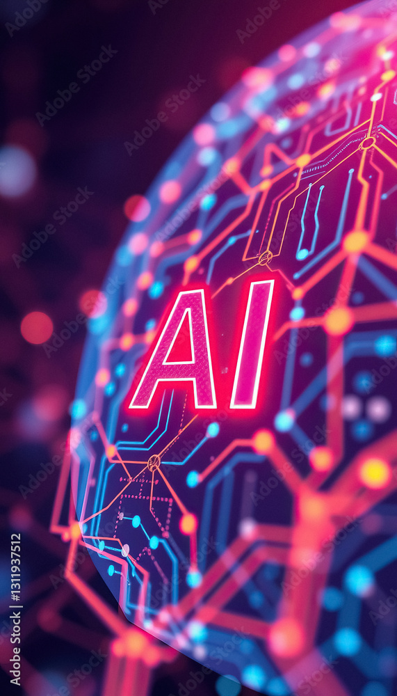 Poster Abstract visualization of artificial intelligence with glowing lines and neon text overlay