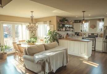 Sunlit open-plan living space with kitchen, dining, and living areas.