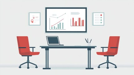 Modern office meeting room with graphs and data