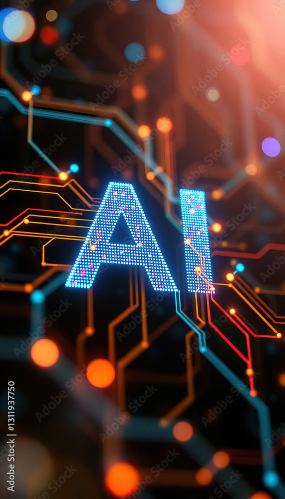 Poster Stylized depiction of concept of Artificial Intelligence using glowing digital display