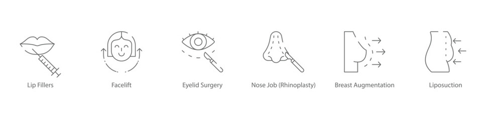 Lip Fillers, Facelift, Eyelid Surgery, Nose Job Rhinoplasty, Breast Augmentation, Liposuction Facial and Body Cosmetic Surgery Icon Set